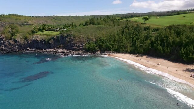 Aerial view of Mokuleia Bay and Slaughterhouse beach on Maui, Hawaiian coast