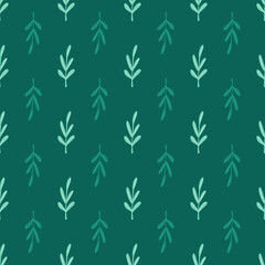 Flora seamless pattern with simple leaf branches silhouettes. Green background.