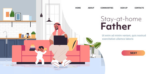 arab father playing with little son and using laptop fatherhood parenting concept dad spending time with his kid at home living room interior full length copy space horizontal vector illustration