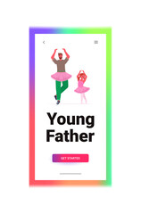 father and daughter in pink skirts dancing like ballerinas ballet lesson parenting fatherhood concept dad spending time with his kid full length copy space vertical vector illustration