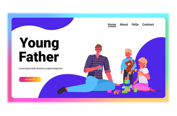 young father playing with little children at home fatherhood parenting concept dad spending time with his kids horizontal full length copy space vector illustration