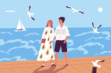 Happy couple walking on waterfront holding hands vector flat illustration. Enamored man and woman on a romantic date at seashore. People spending time together at summer vacation - obrazy, fototapety, plakaty
