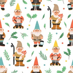 Seamless pattern with bearded gnomes, dwarfs, elves, plants, leaves and colorful dots on white background. Endless repeatable backdrop with fairytale characters. Childish flat vector illustration