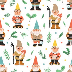 Fototapeta premium Seamless pattern with bearded gnomes, dwarfs, elves, plants, leaves and colorful dots on white background. Endless repeatable backdrop with fairytale characters. Childish flat vector illustration