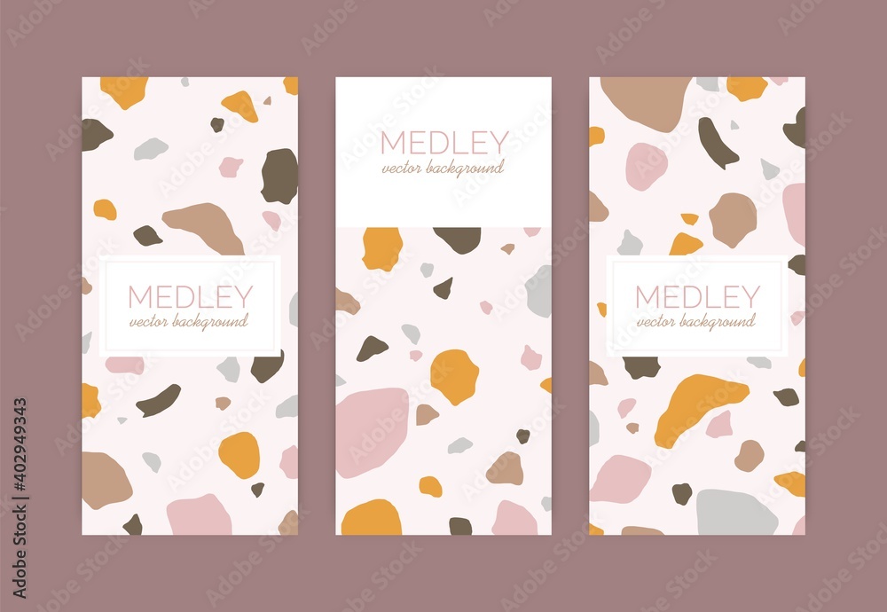 Leinwandbilder set of card templates with terrazzo pattern. trendy venetian background with various organic geometr