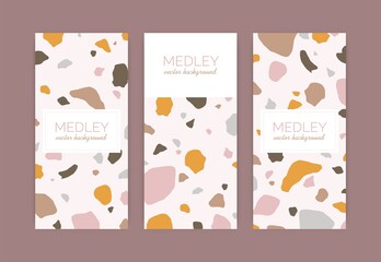 Set of card templates with terrazzo pattern. Trendy Venetian background with various organic geometric shapes and place for text. Collection of colorful vertical banners. Flat vector illustration