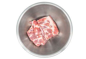 Soft spare ribs pork in stainless steel bowl, isolated image on white background, top view fresh soft spare ribs pork.