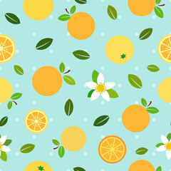 Orange fruit and flowers, slices and leaves, flat vector illustrations with tiny dots over sky blue background, seamless pattern	
