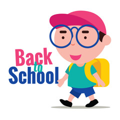 Back to school. Cartoon cute kid with red cap and carry school and ready back to school after holiday