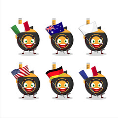 Tape measure cartoon character bring the flags of various countries