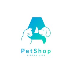 Initial letter A. Pet logo design template. Modern animal icon for store, veterinary clinic, business service. Logo with cat and dog concept.