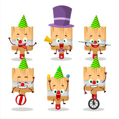 Cartoon character of wooden paint brushes with various circus shows