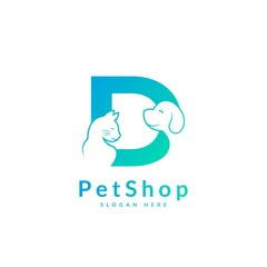 Initial letter D. Pet logo design template. Modern animal icon for store, veterinary clinic, business service. Logo with cat and dog concept.