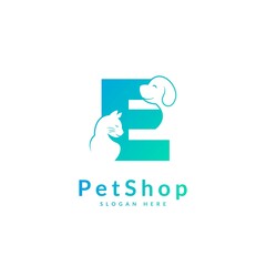 Initial letter E. Pet logo design template. Modern animal icon for store, veterinary clinic, business service. Logo with cat and dog concept.