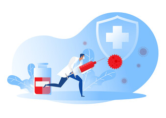 Doctor holding inject with  syringe with a vaccine bottle protection shield and virus. Medical treatment. Flat vector illustration.