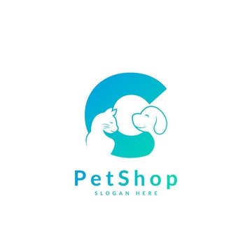 Initial letter C. Pet logo design template. Modern animal icon for store, veterinary clinic, business service. Logo with cat and dog concept.