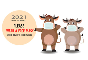2021 new normal  concept. Please wear a face mask. the cow wearing mask. Avoid covid-19 virus. Germ prevention concept.