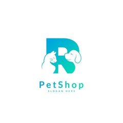 Initial letter R. Pet logo design template. Modern animal icon for store, veterinary clinic, business service. Logo with cat and dog concept.
