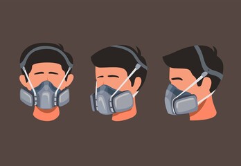 Man wear respirator safety mask for dust or chemical pollution in side and front angle icon set concept in cartoon illustration vector