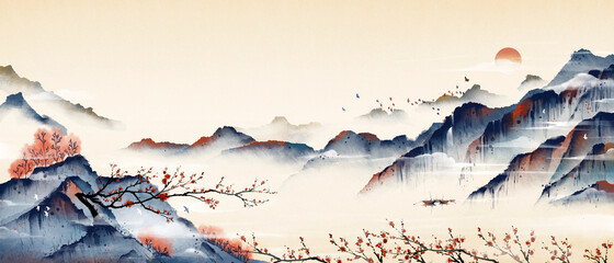 Mountain peaks full of plum blossoms, ancient oriental paintings, and oriental classical paintings of Asia.Ink and wash landscape painting. - obrazy, fototapety, plakaty