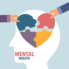 Mental health concept vector illustration. Human hands making heart jigsaw in brain. World mental health day. Psychological therapy and treatment flat design.