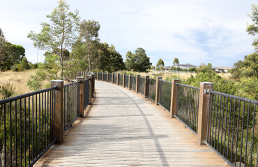 Fototapeta premium Wetlands in South East suburbs of Melbourne, Victoria, Australia showing trees, gardens, lake