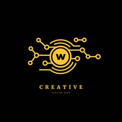 Initial letter W with connected circle. Technology logotype. Luxury dots logo design concept, fit for company and business.