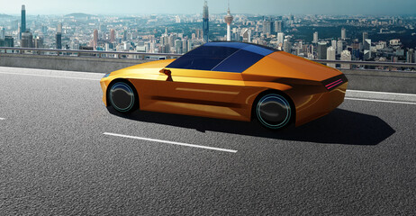 Obraz na płótnie Canvas Brandless EV car park on asphalt road with city skyline background. 3d rendering