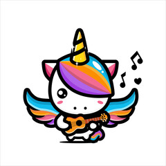cute unicorn character design playing guitar