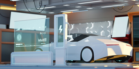 Closeup Electric car at futuristic  charging station.3D rendering.