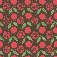 Cute pomegranate seamless pattern. Garnet, slices, seeds and leaves on brown background. Can be used for wallpaper, fabric, wrapping paper or decoration. Vector shabby hand drawn illustration