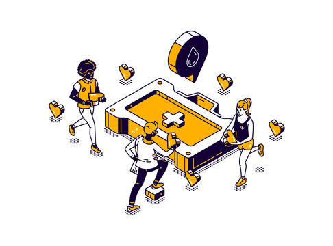 Young guy carries a heart in his hands, isometric vector illustration. Concept for donation, charity, selfless care