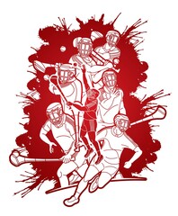 Group of Hurling sport players action. Irish Hurley sport cartoon graphic vector.