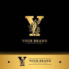 Initial letter Y with natural logo vector concept element, letter Y logo with floral ornament.