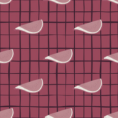 Hand drawn simple fig silhouettes seamless pattern. Doodle vitamin shapes on chequered pink background.