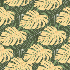 Beige and green colored monstera silhouettes seamless doodle pattern. Botanic backdrop.