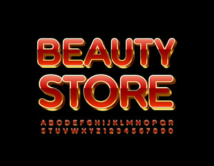 Vector stylish logo Beauty Store. 3D Red and Gold Font. Glamour Alphabet Letters and Numbers set