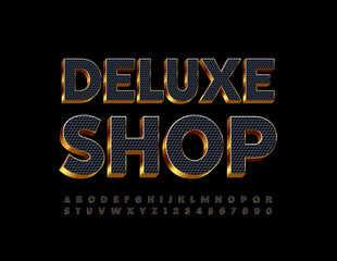 Vector premium logo Deluxe Shop. Luxury style Font. Black and Gold Alphabet Letters and Numbers set