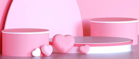 Abstract Mockup and Platform Podium Love Concept With Heart and stage showcase on Pink wall background for product.banner- 3d rendering
