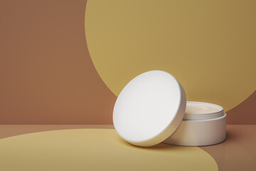 abstract white skin care cream jar on the cream backdrop , mockup for skin care product. 3d rendering
