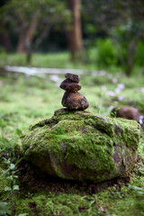 Stacked stones in front of green forest