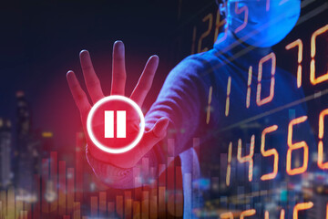 Woman wearing masks and holding hands to stop coronavirus isolated on graph stock background. The world need to pause due to Covid 19 Corona virus. the concept of the epidemic of the virus.