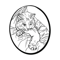 Vector illustration of a cat on a girl's shoulder. Blank for designers, postcards, wallpaper, icon for a pet store, pet food