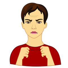 emoticon with a cool angry man with a warped mouth and threatens with two fists, vector clip art on white isolated background