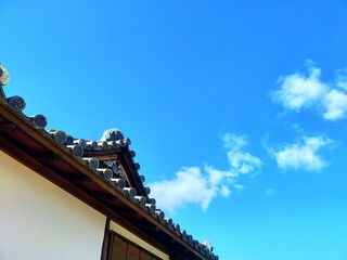 Fototapeta na wymiar 歴史的建築物の瓦屋根と青空の風景