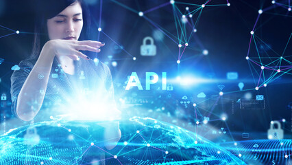 Business, technology, internet and network concept. Young businessman thinks over the steps for successful growth: API