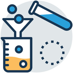 Vector chemical reactions research, chemical transferring from test tube to beaker using funnel, flat vector icon 