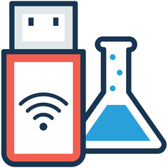 Usb drive with a chemical flask, concept of infected flash drive with virus, flat vector illustration