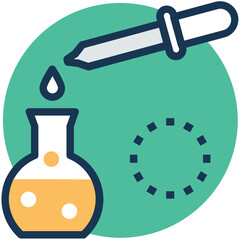 Dropper pouring liquid into erlenmeyer flask in lab, flat vector icon 