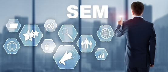 SEM Search Engine Optimization Marketing Ranking Traffic Website Technology Communication Concept.